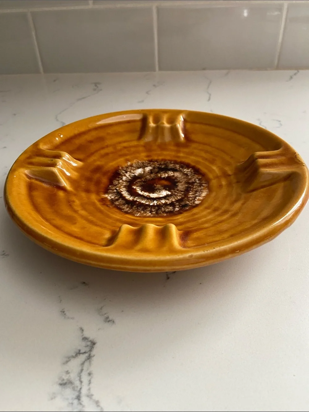 Vintage MCM USA Pottery Brown Drip Glaze Ceramic Ashtray